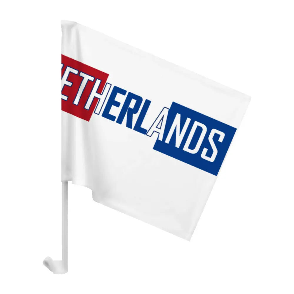 Weiße Autoflagge mit Netherlands Schriftzug in Rot und Blau