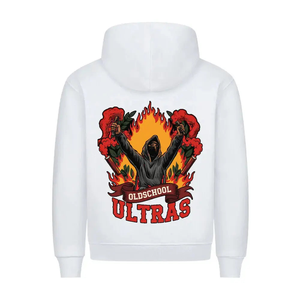 hooligan streetwearl Hoodie: Weißer Hoodie mit auffälligem Rückenprint: vermummter Ultra mit Bengalos, Flammenmotiv und "Oldschool Ultras"-Schriftzug