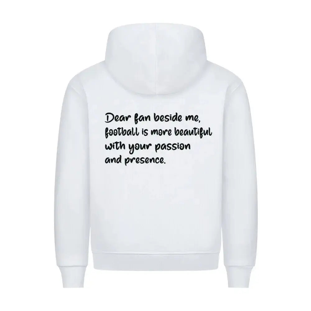 Fußball-Premium-Hoodie: Weißer Hoodie mit romantischem Fußball-Statement vorne und Fanbotschaft auf dem Rücken – sportlich & gefühlvoll