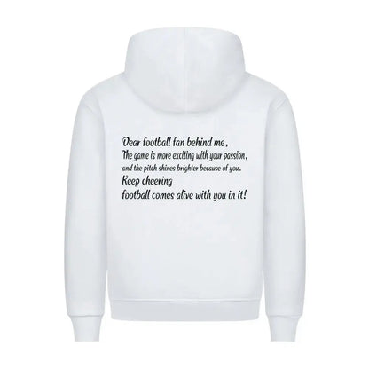 Fußball Hoodie: Weißer Hoodie mit schwarzem Frontprint „Football comes alive with you in it!“ und Fan-Message auf dem Rücken – ideal für Stadion und Alltag