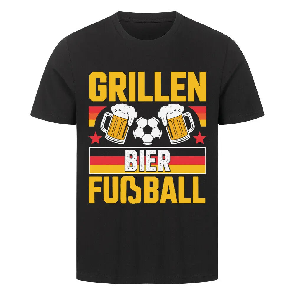 T-Shirt in schwarz mit Aufdruck „Grillen Bier Fußball“, Bierkrügen, Fußball und Deutschlandfarben