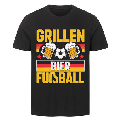 T-Shirt in schwarz mit Aufdruck „Grillen Bier Fußball“, Bierkrügen, Fußball und Deutschlandfarben