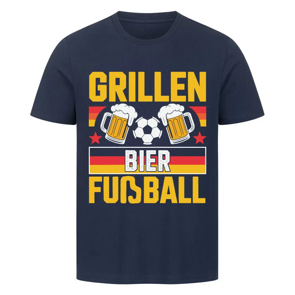 T-Shirt in Navy mit Aufdruck „Grillen Bier Fußball“, Bierkrügen, Fußball und Deutschlandfarben