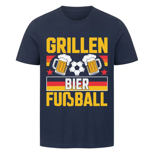 T-Shirt in Navy mit Aufdruck „Grillen Bier Fußball“, Bierkrügen, Fußball und Deutschlandfarben