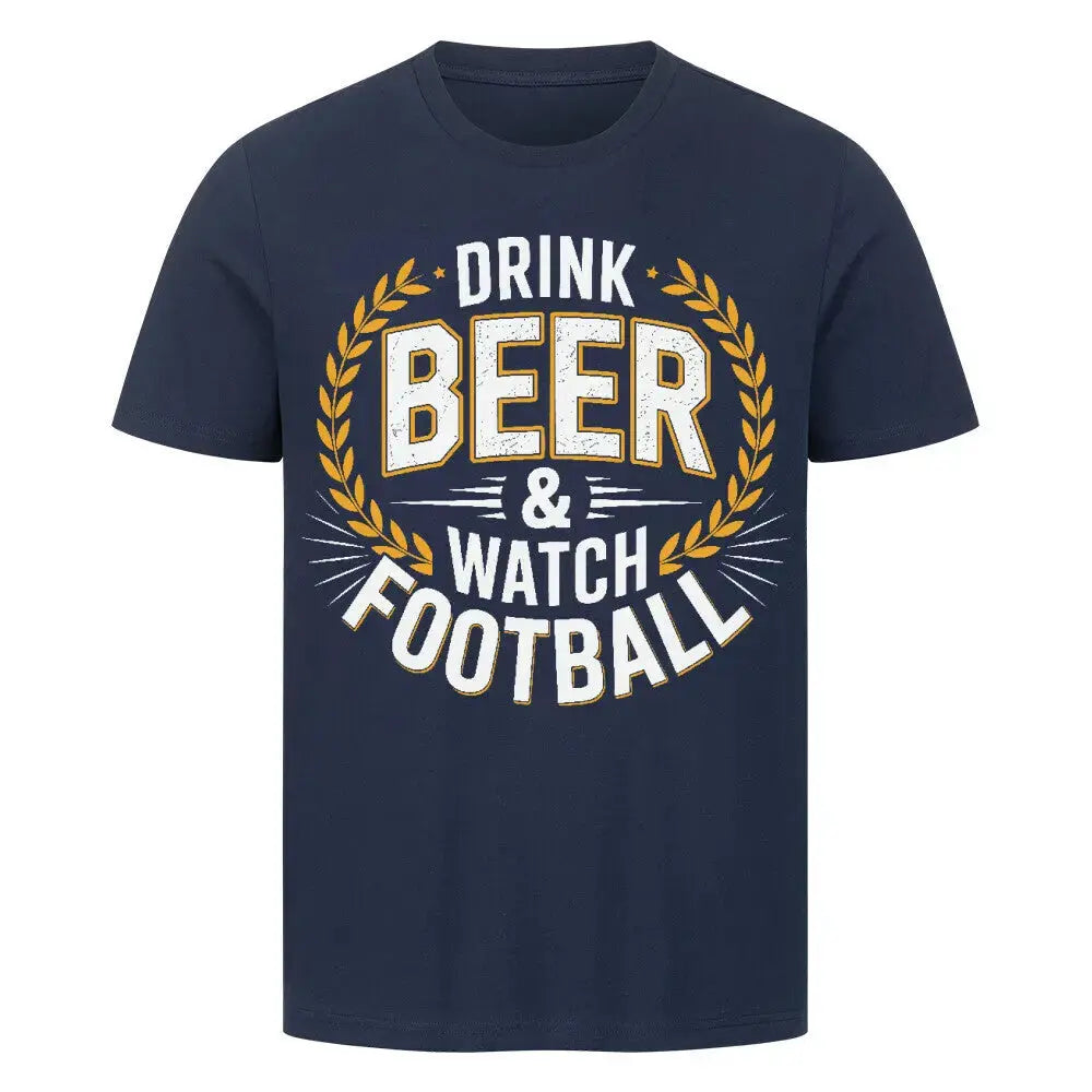 Guinness Beer T-Shirt in Navy mit weiß-goldenem Print "Drink Beer & Watch Football" und Lorbeerkranz-Design