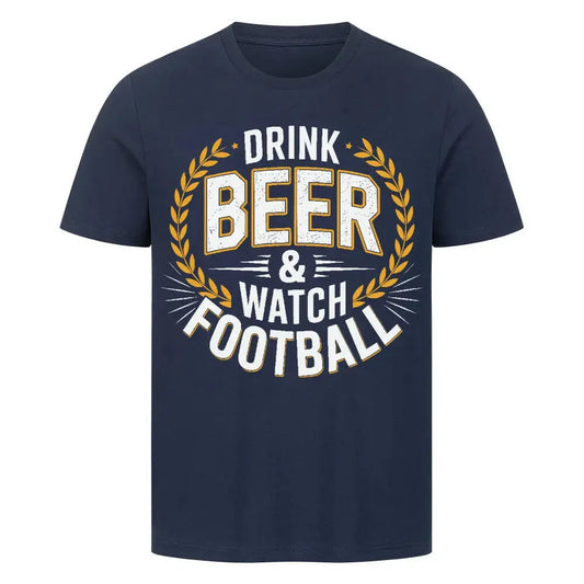 Guinness Beer T-Shirt in Navy mit weiß-goldenem Print "Drink Beer & Watch Football" und Lorbeerkranz-Design