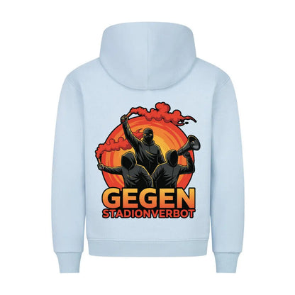 Hooligan Ultra Hoodie: Hellblauer Hoodie mit Rückenprint: vermummte Fans mit Bengalo, Megafon und Schriftzug "Gegen Stadionverbot" vor Sonnenuntergangs-Motiv