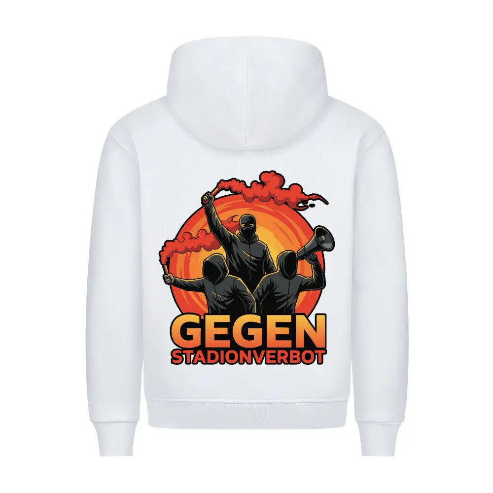 Hooligan Ultra Hoodie: Weißer Hoodie mit Rückenprint: vermummte Fans mit Bengalo und Megafon, Schriftzug „Gegen Stadionverbot“ vor orangem Sonnenuntergang