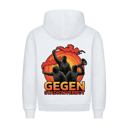 Hooligan Ultra Hoodie: Weißer Hoodie mit Rückenprint: vermummte Fans mit Bengalo und Megafon, Schriftzug „Gegen Stadionverbot“ vor orangem Sonnenuntergang