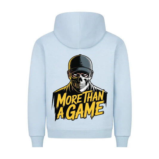 Hellblauer Hoodie mit Rückenprint: Totenkopf mit Cap und Schriftzug „More Than A Game“ in gelb-schwarz