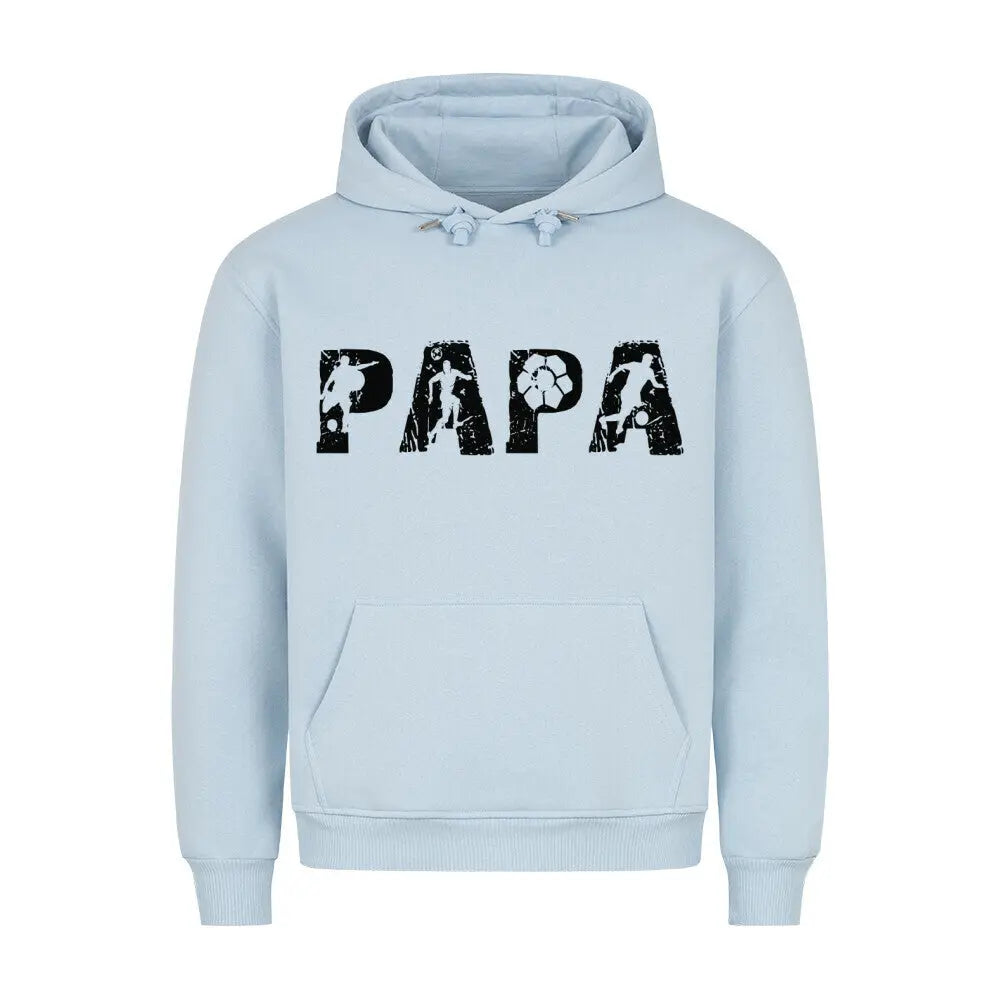 Papa Hoodie: Babyblauer Hoodie mit schwarzem „PAPA“-Frontdesign – Buchstaben gefüllt mit Silhouetten von Fußballern und Ball