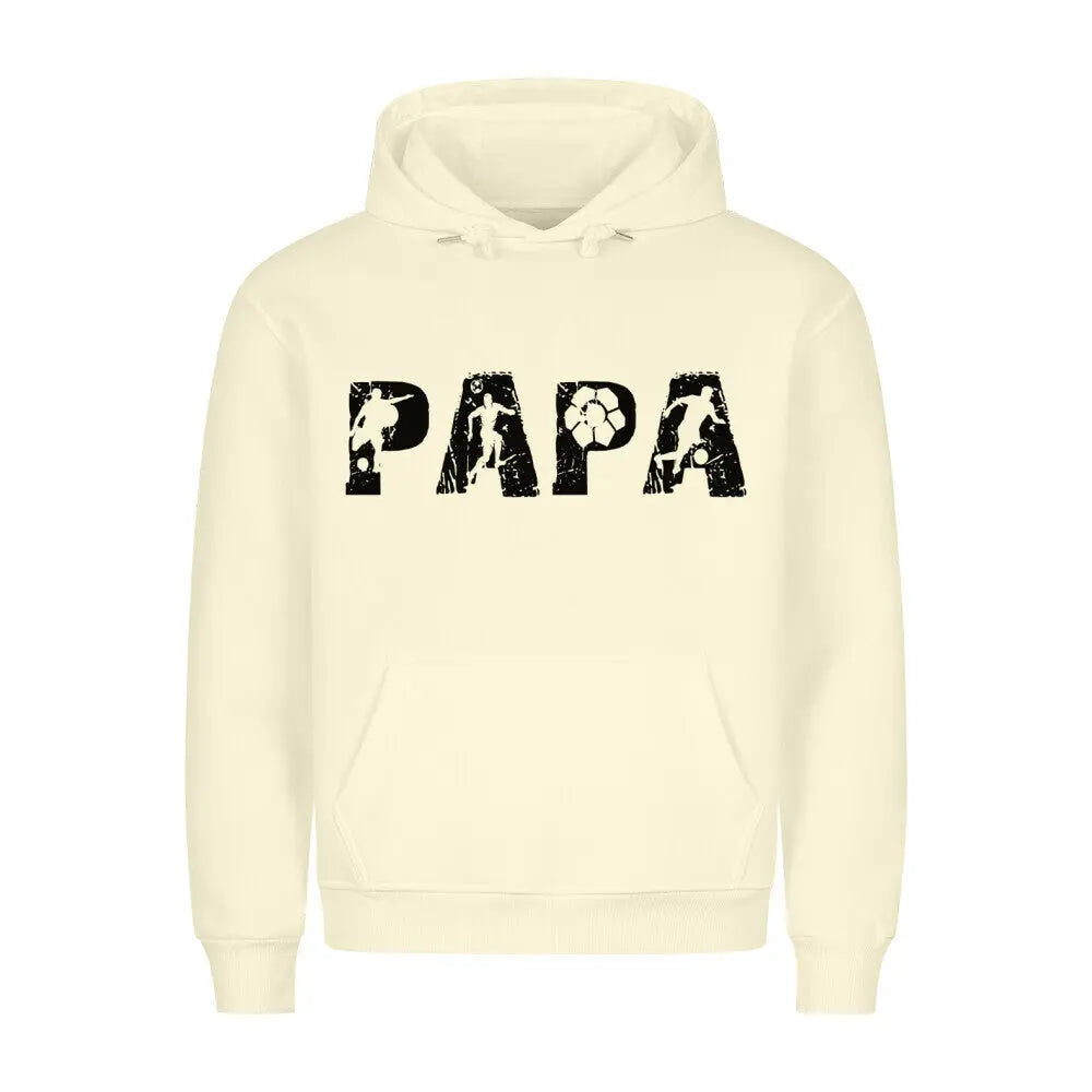 Papa Hoodie: Beigefarbener Hoodie mit auffälligem schwarzen „PAPA“-Print und Fußball-Illustrationen in den Buchstaben