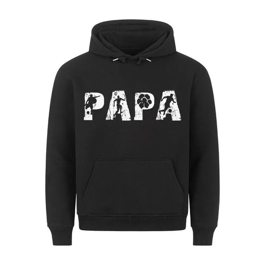 Schwarzer Hoodie mit weißem Frontprint „PAPA“ – Buchstaben gefüllt mit Fußballspielern und Ball-Grafik