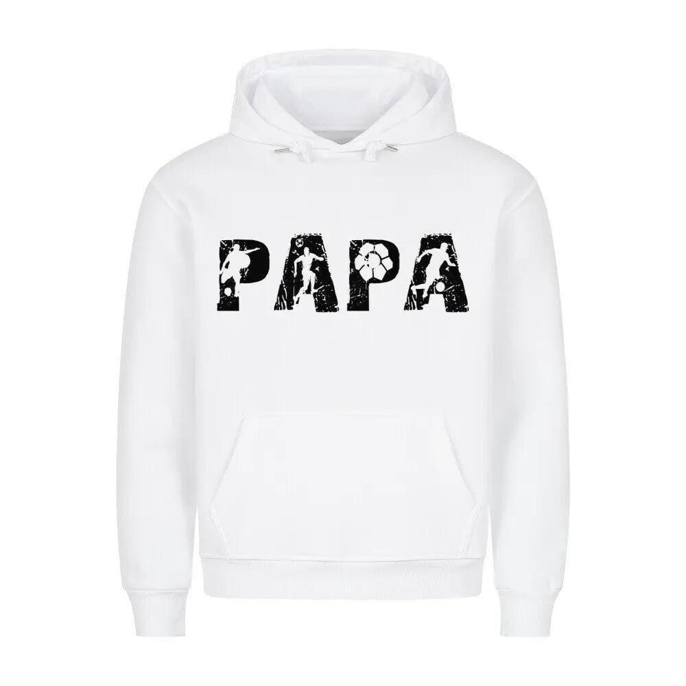 Papa Hoodie: Weißer Hoodie mit schwarzem „PAPA“-Print auf der Brust – sportliche Buchstabengrafik mit Fußball-Motiven