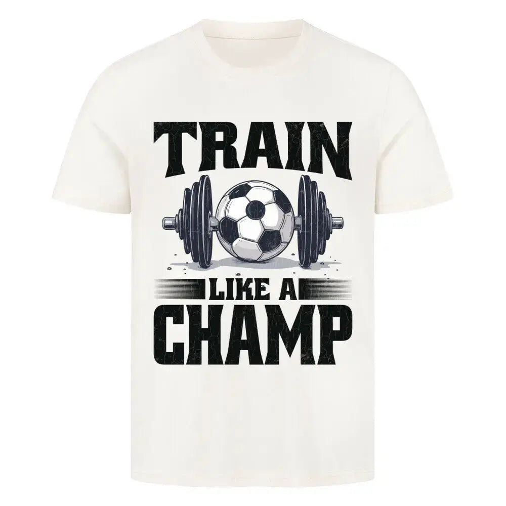 Kaufen Sport T Shirt: Naturfarbenes T-Shirt mit Print: stylisierte Hantel mit Fußball und starker Slogan „Train Like a Champ“ in dunkler Kontrastoptik