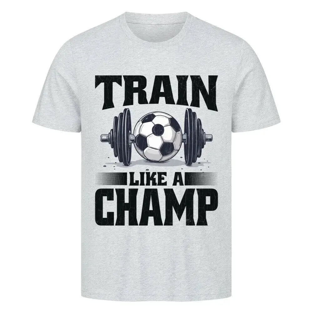 Kaufen Sport T Shirt: Graumeliertes T-Shirt mit sportlichem Frontmotiv: Fußball-Hantel und Statement „Train Like a Champ“ in Weiß-Schwarz