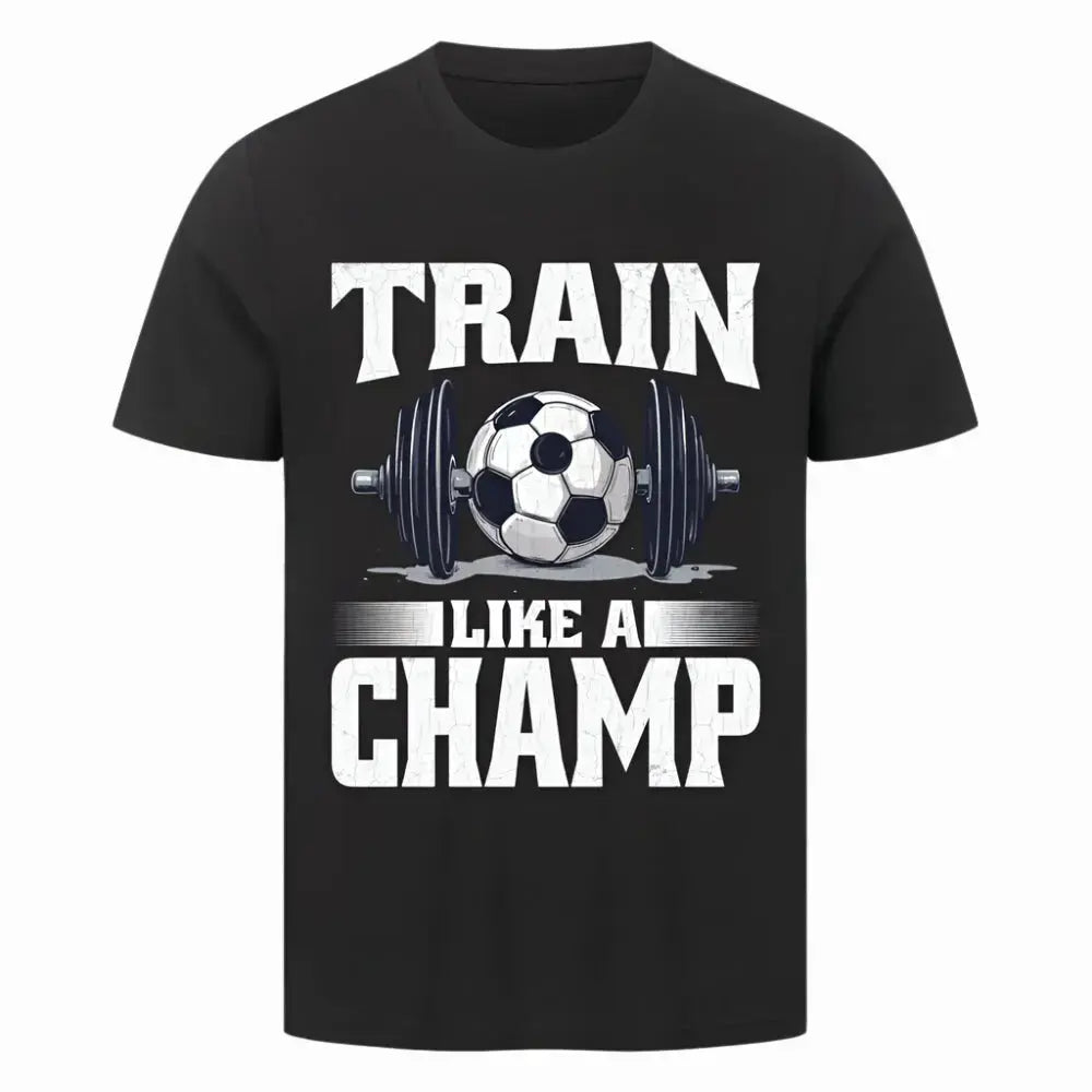 Kaufen Sport T Shirt: Schwarzes T-Shirt mit weißem Power-Print: Hantel mit integriertem Fußball und großem Text „Train Like a Champ“