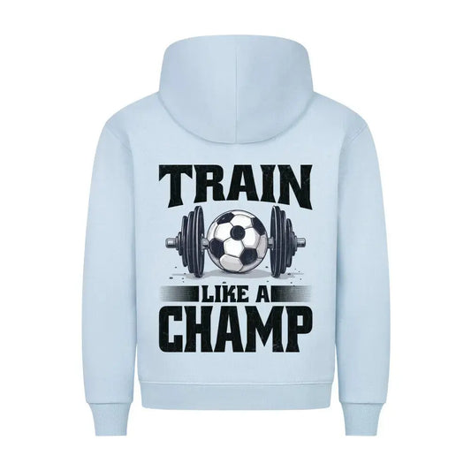 Kaufen gym hoodie: Babyblauer Hoodie mit großem Rückenprint: schwarze Hantel mit Fußball in der Mitte und Text „Train Like a Champ“