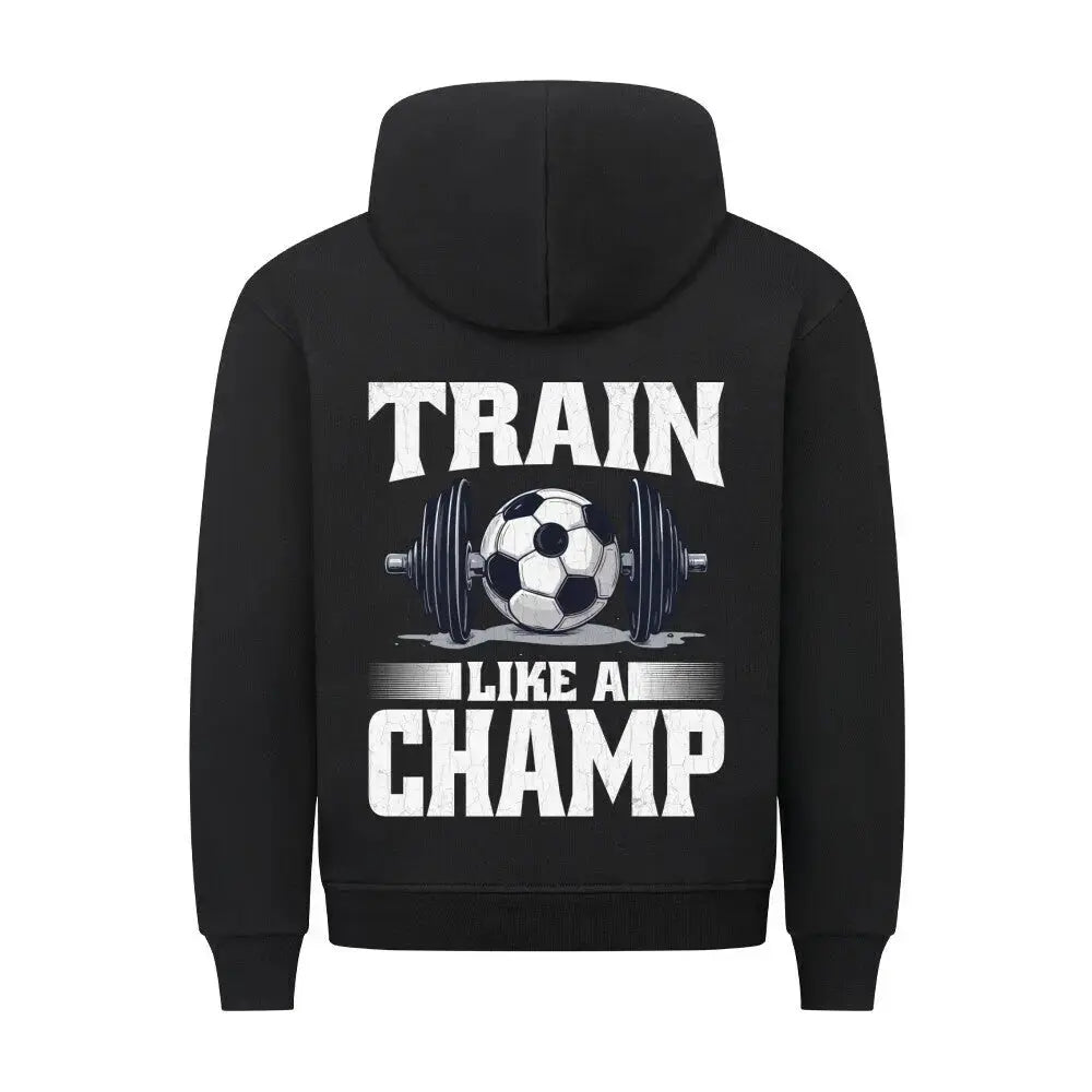 Kaufen gym hoodie: Schwarzer Hoodie mit kontrastreichem Rückenmotiv: weißer Print mit Hantel, Fußball und Statement „Train Like a Champ“