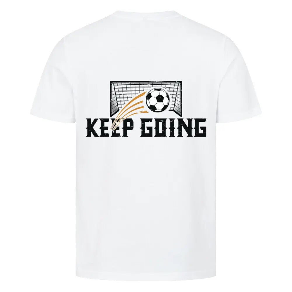 Premium Keep going Shirt: Weißes T-Shirt mit Rückendruck „KEEP GOING“, Fußball fliegt ins Tor – sportlicher Style mit motivierendem Slogan
