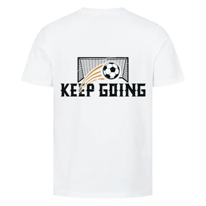 Premium Keep going Shirt: Weißes T-Shirt mit Rückendruck „KEEP GOING“, Fußball fliegt ins Tor – sportlicher Style mit motivierendem Slogan