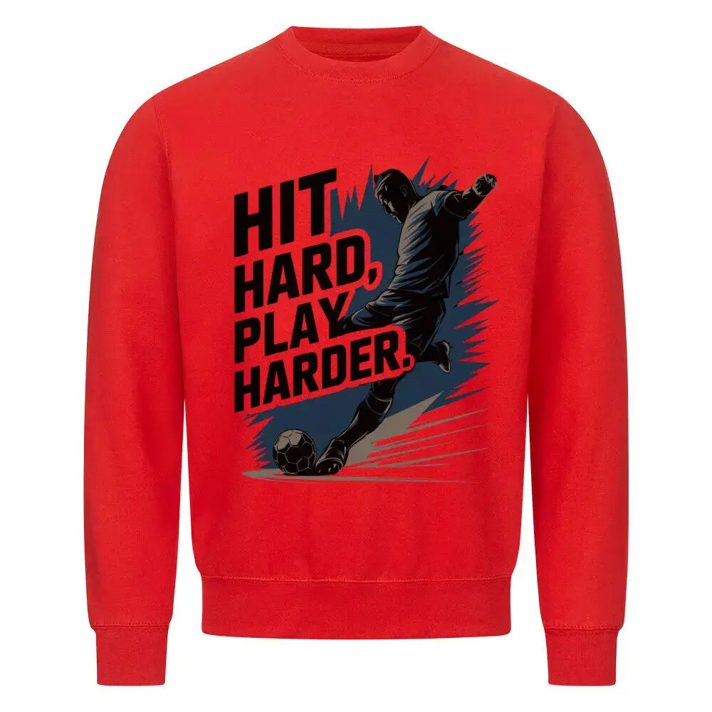 Sweatshirt Fussball: Roter Sweater mit sportlichem Design: weiß-grauer Print eines kickenden Fußballers und dem Text „Hit Hard, Play Harder“