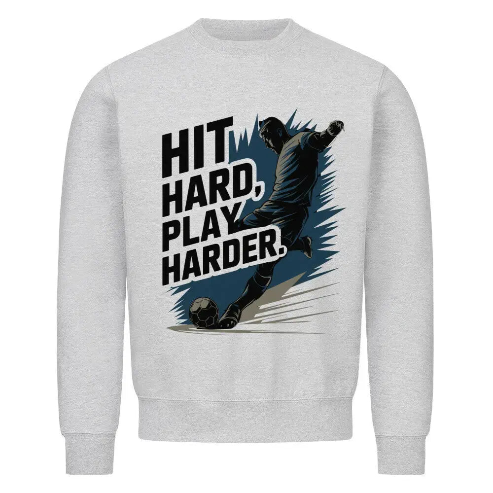 Sweater in meliertem Grau mit kontrastreichem Print: Fußballspieler in Bewegung und Statement „Hit Hard, Play Harder“ in Weiß