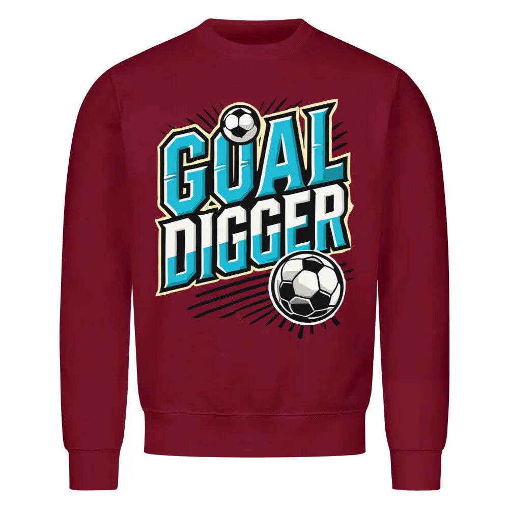 Goal Digger Sweatshirt: Bordeauxfarbenes Sweatshirt mit kontrastreichem „GOAL DIGGER“-Rückendruck in Blau und Weiß – mit zwei Fußballgrafiken