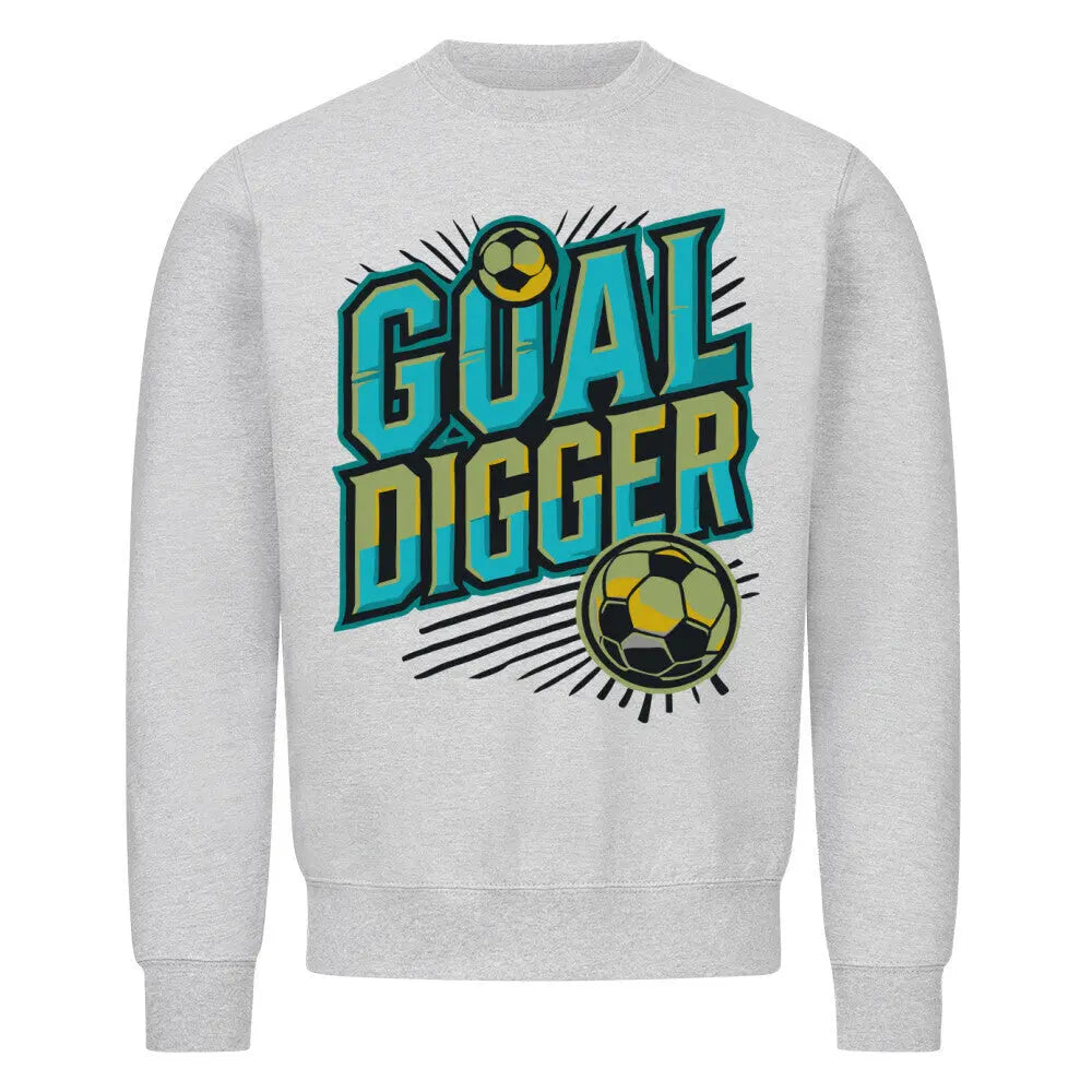 Goal Digger Sweatshirt: Graues Sweatshirt mit „GOAL DIGGER“-Rückenprint in Türkis-Gelb und zwei auffälligen Fußballgrafiken – sportlicher Look