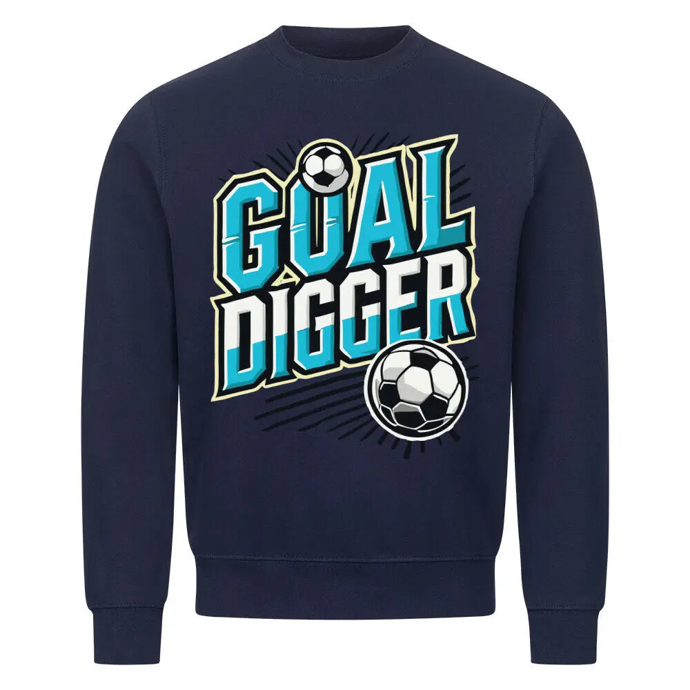 Goal Digger Sweatshirt: Dunkelblaues Sweatshirt mit stylischem „GOAL DIGGER“-Print auf dem Rücken in Blau-Weiß und dynamischem Fußball-Design