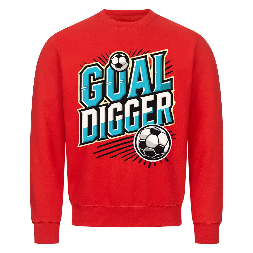 Goal Digger Sweatshirt: Rotes Sweatshirt mit auffälligem „GOAL DIGGER“-Schriftzug in Türkis und Weiß sowie zwei Fußbällen – markantes Design