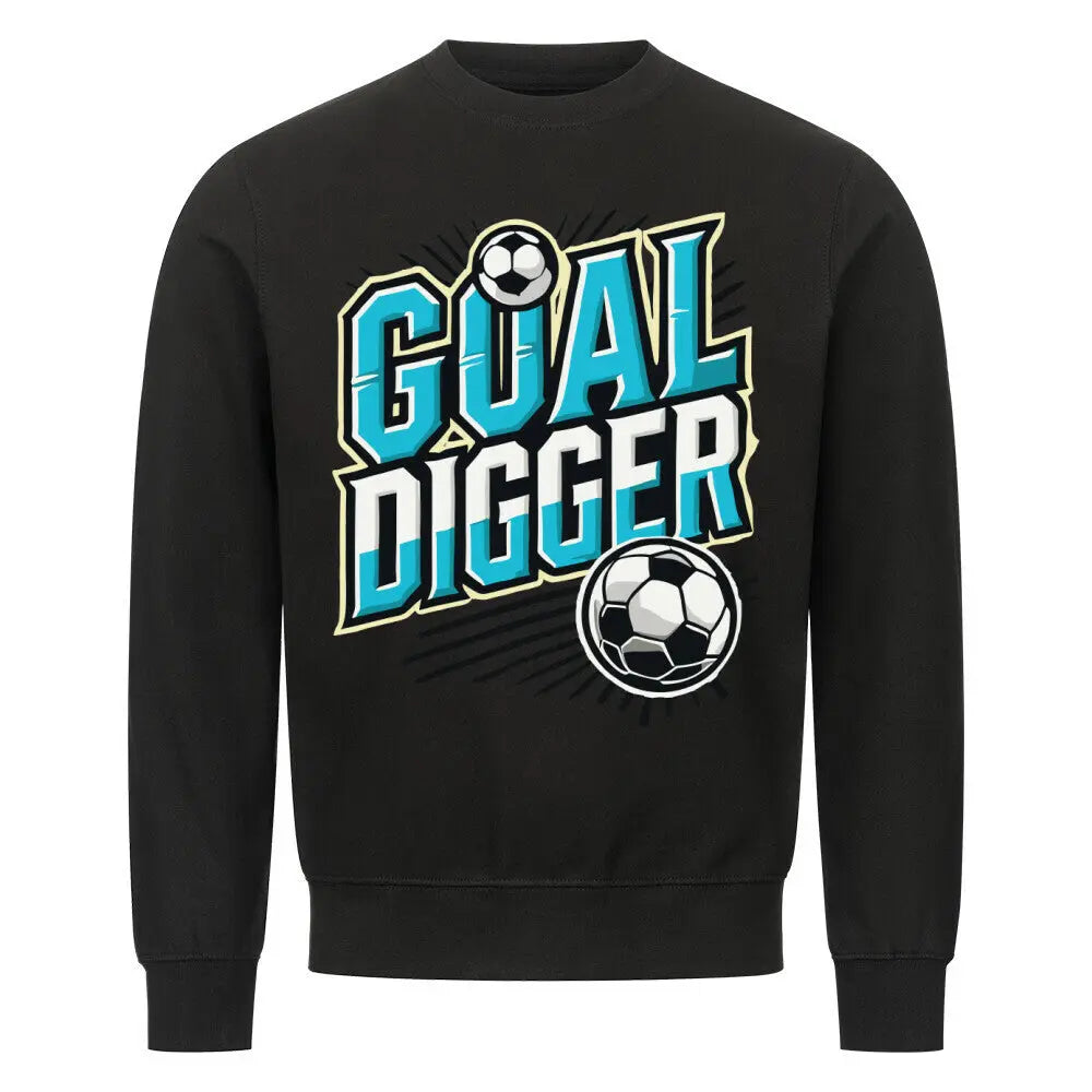 Goal Digger Sweatshirt: Schwarzes Sweatshirt mit farbenfrohem Rückenprint „GOAL DIGGER“ in Türkis-Weiß und Fußballmotiven – sportlich & kraftvoll