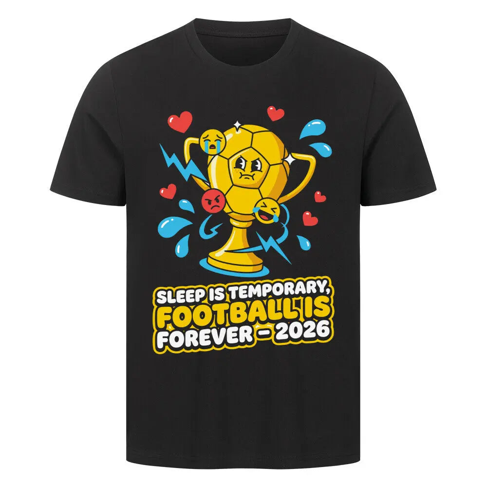 Schwarzes Shirt mit Comic-Pokal und gelbem „Football is Forever“ Print.
