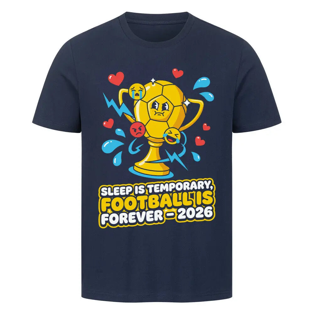 Dunkelblaues T-Shirt mit Comic-Pokal und "Football is Forever" Print vorne.