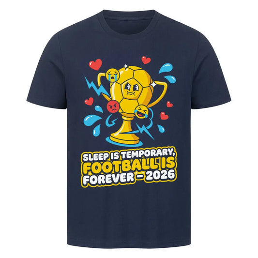 Dunkelblaues T-Shirt mit Comic-Pokal und "Football is Forever" Print vorne.