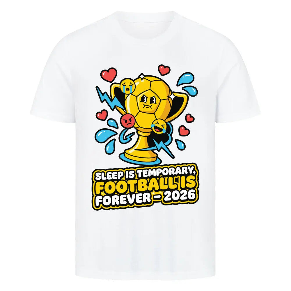 Weißes Shirt mit Comic-Pokal und gelbem „Football is Forever“ Print.