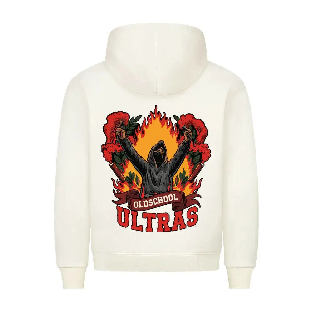 hooligan streetwearl Hoodie: Beigefarbener Hoodie mit Rückenmotiv: vermummter Ultra, rote Bengalos, Flammen und Banner mit "Oldschool Ultras"
