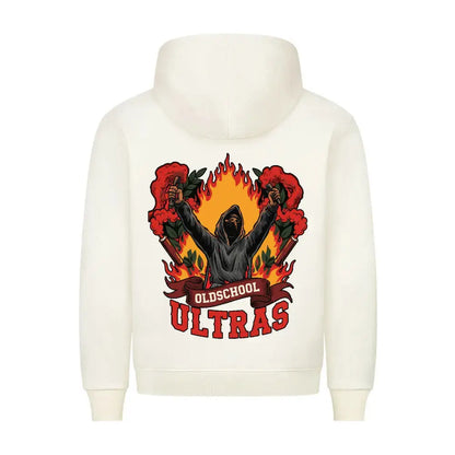 hooligan streetwearl Hoodie: Beigefarbener Hoodie mit Rückenmotiv: vermummter Ultra, rote Bengalos, Flammen und Banner mit "Oldschool Ultras"