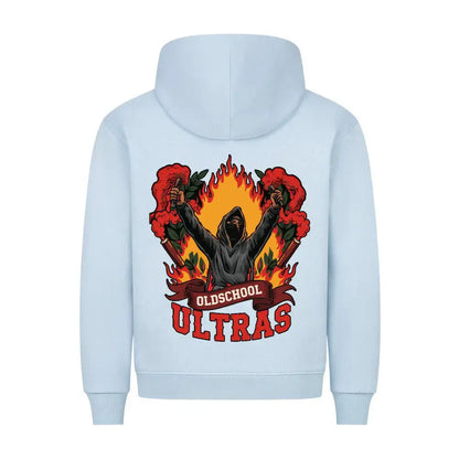 hooligan streetwearl Hoodie: Hellblauer Hoodie mit großem Rückenprint: vermummter Ultra mit Bengalos, Flammen-Design und Schriftzug "Oldschool Ultras"