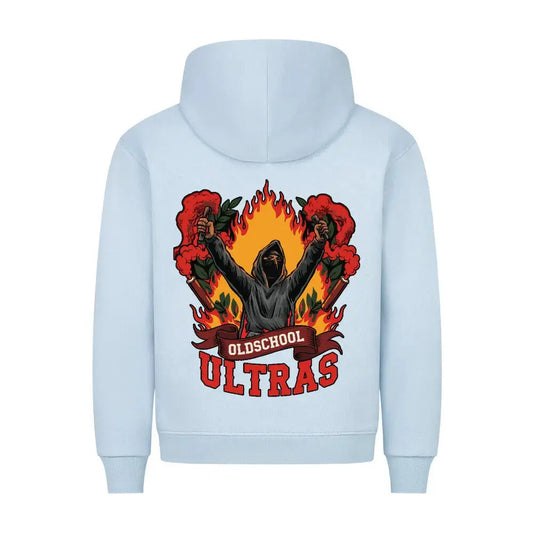 hooligan streetwearl Hoodie: Hellblauer Hoodie mit großem Rückenprint: vermummter Ultra mit Bengalos, Flammen-Design und Schriftzug "Oldschool Ultras"
