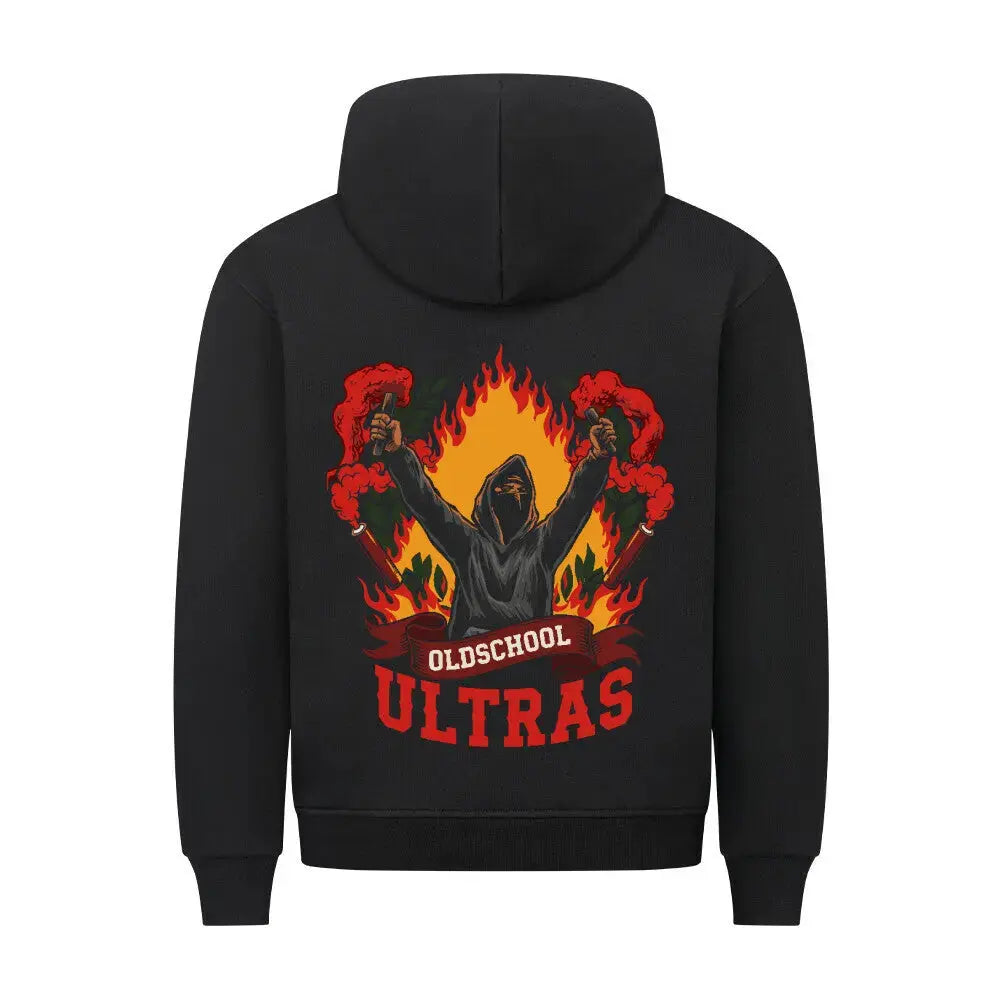 hooligan streetwearl Hoodie: Schwarzer Hoodie mit Rückenprint: vermummter Ultra mit Bengalos vor Flammen, roter Schriftzug "Oldschool Ultras"