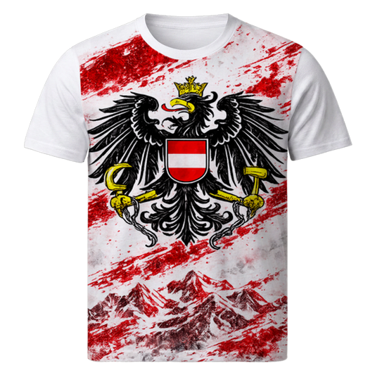 Österreich Full Print Fußball Shirt mit Adler Design und Alpenmotiv in Rot Weiß